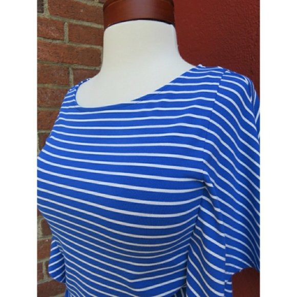 Chico's Cute Stripe Tie Waist Drapey Dolman Sleeve Stretch Top Blue Small NEW - Picture 2 of 7